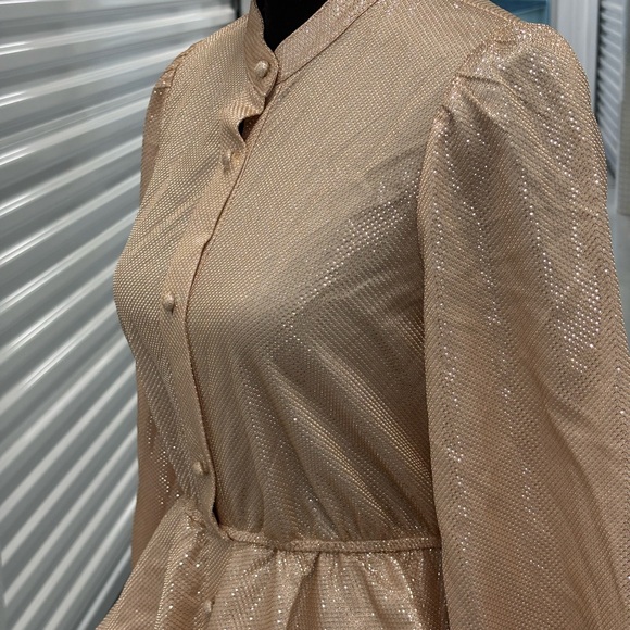 Mazik Tan Blush Pink Gold Ruffled Tiered Gown with Mandarin Collar - Picture 10 of 15